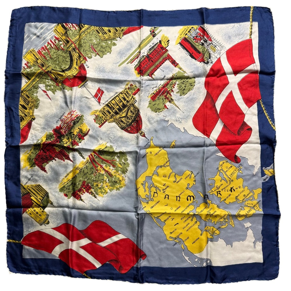 Vintage Denmark Map Scarf Unisex Large Blue Good Souvenir Travel Landmark Print
